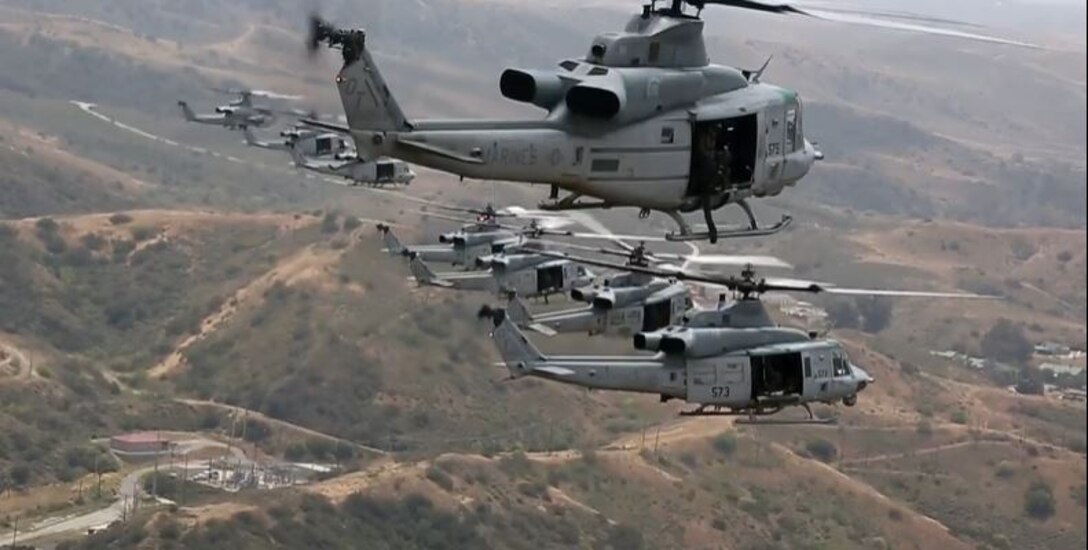 The Marines with HMLAT-303 demonstrated the tactical capabilities and combat power of the H-1 platform by completing this mass flight and continue to train the next generation of warriors. (U.S. Marine Corps video by Lance Cpl. Daniel Childs)