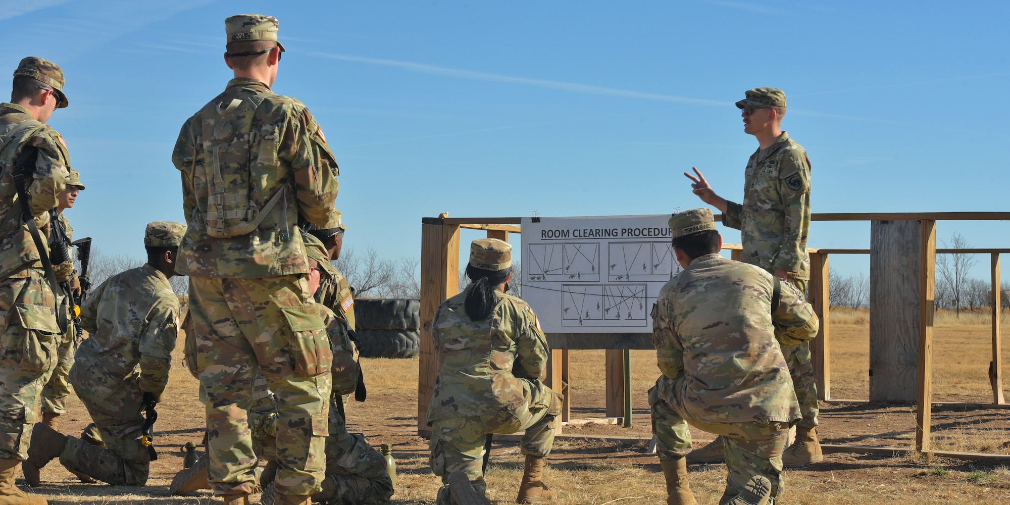 U.S. Army Sgt. First Class Ryan Slabaugh, 344th Military Intelligence Battalion instructor, trains and develops Soldiers during the joint capstone assessment at Goodfellow Air Force Base, Texas, Feb. 1, 2022. Slabaugh taught room clearing procedures to students from three different career fields. (U.S. Air Force Photo by Senior Airman Abbey Rieves)