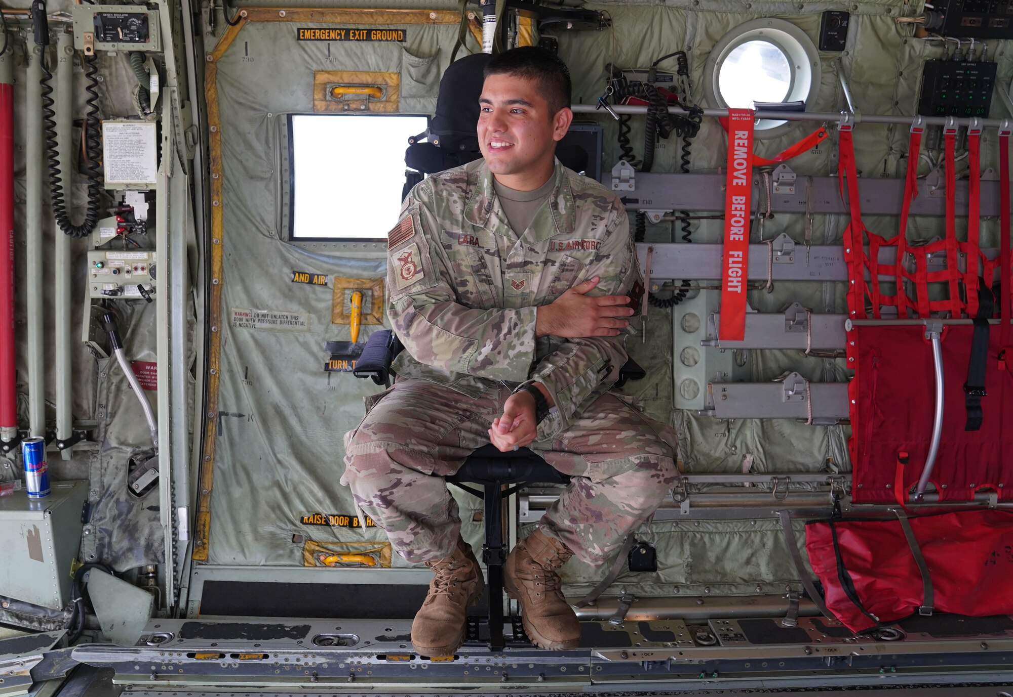 U.S. Air Force Staff Sgt. Angel Lara, 81st Security Forces Squadron member, tours a C-130 during a joint training with the Biloxi Special Weapons and Tactics team at Keesler Air Force Base, Mississippi, May 9, 2022. Security forces and Biloxi SWAT members trained together on aircraft anti-hijacking procedures.