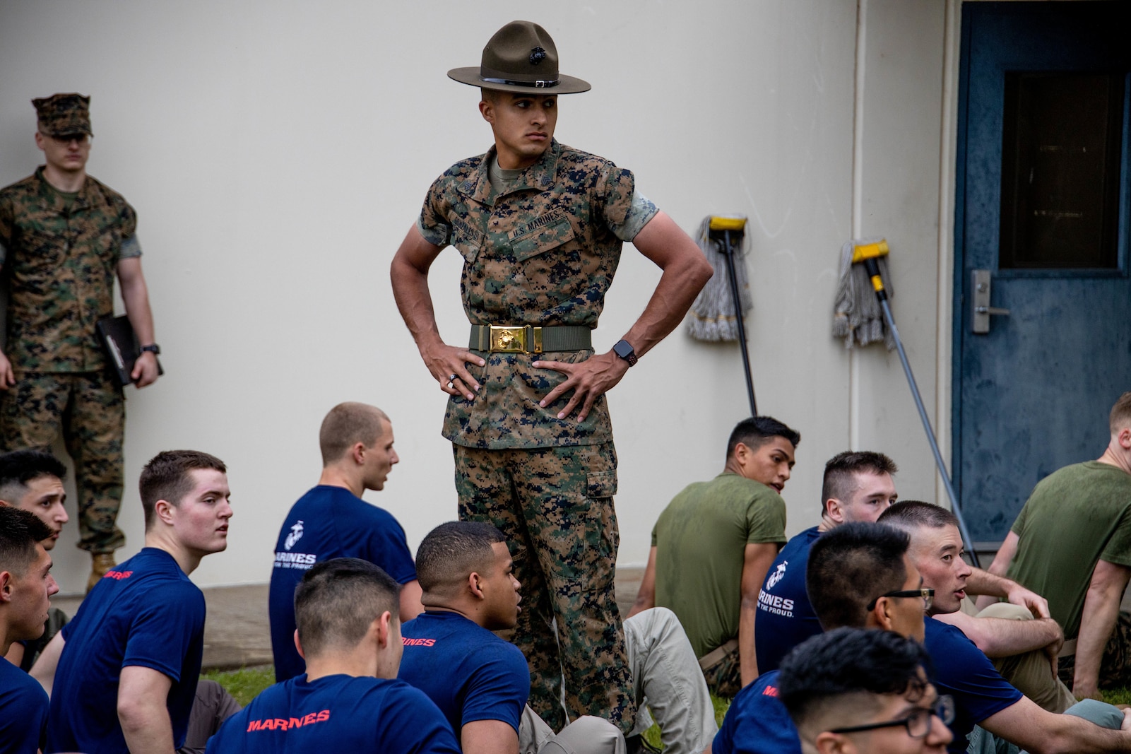 U.S. Marine Corps Sgt. Ramon Gonzales III, a drill instructor with Marine Corps Recruit Depot San Diego, motivates officer candidates with Recruiting Station Sacramento during a monthly pool function in South Sacramento, California on March 19, 2022. Pool functions are designed for future Marines to build camaraderie, improve fitness and learn leadership skills in preparation for Officer Candidates School. (U.S. Marine Corps photo by Cpl. Seaira Moore)