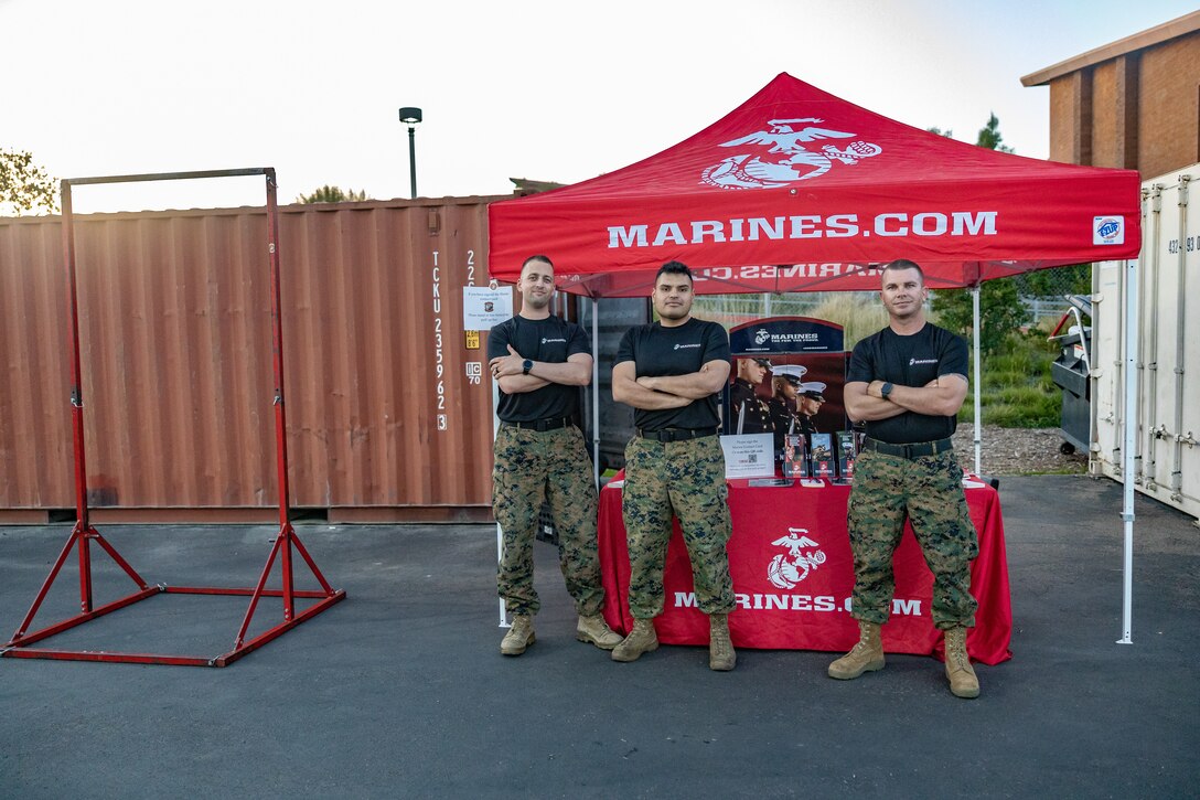 U.S. Marine Corps recruiters with Recruiting-Sub Station Clairemont, Recruiting Station San Diego, wait for the crowd of fans to arrive in San Diego, California on April 6, 2022. The Marine Corps partnered with the U.S. Open Cup, a men’s soccer single-elimination tournament, for a game between the Albion San Diego and San Diego Loyals to support the local athletic community. (U.S. Marine Corps photo by Sgt. Ariana Lippert)