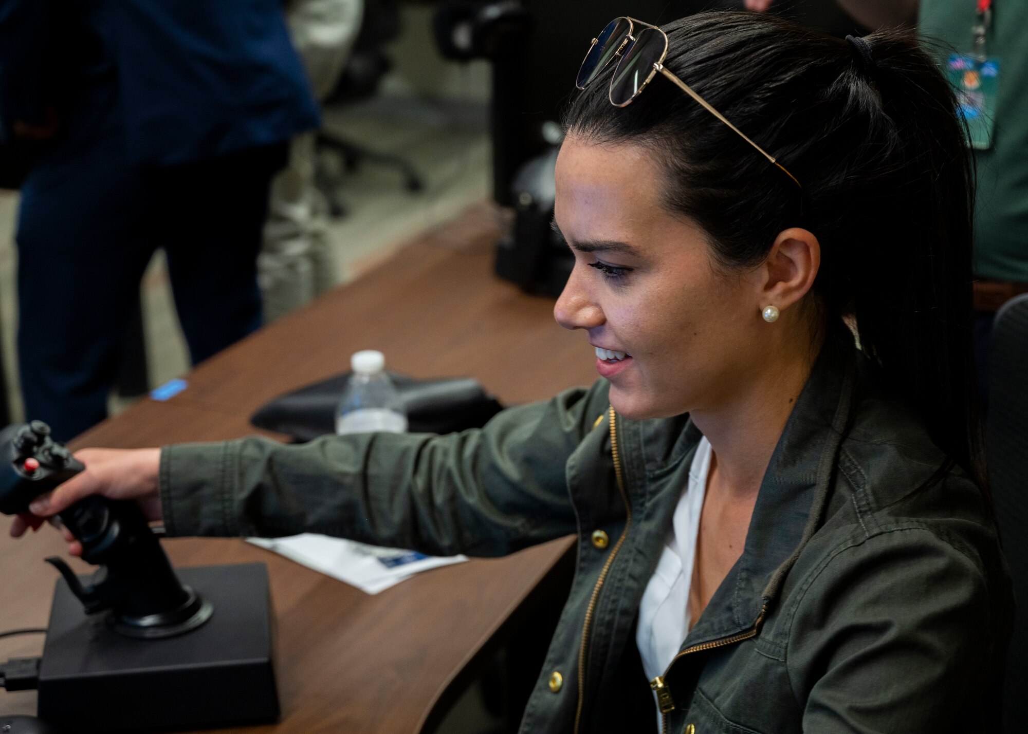 Samantha Sabol, military legislative assistant to U.S. Rep. David Schweikert, operates an F-35A Lightning II aircraft simulator during a visit, May 5, 2022, at Luke Air Force Base, Arizona.