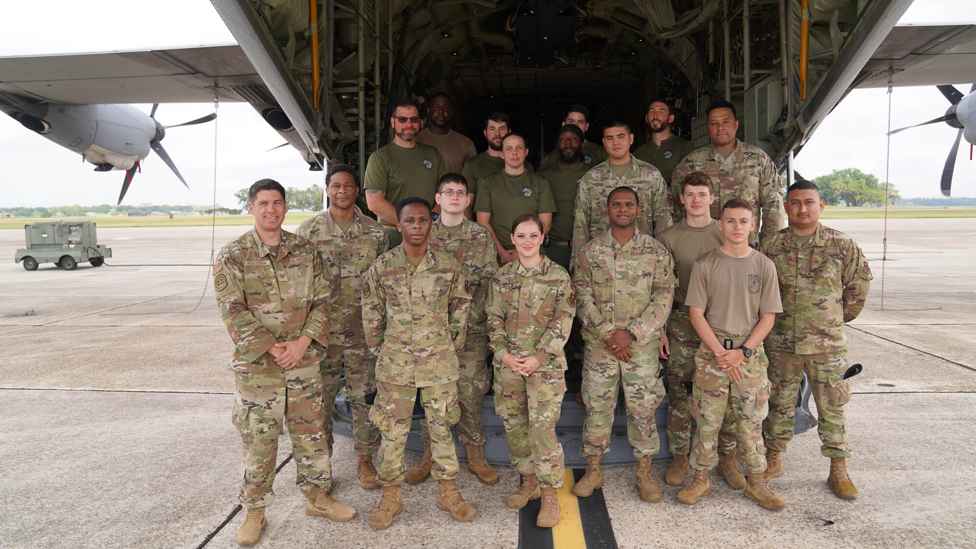 Members of the 81st Security Forces Squadron and the Biloxi Special Weapons and Tactics team gather for a photo at Keesler Air Force Base, Mississippi, May 9, 2022. Security forces and Biloxi SWAT members trained together on aircraft anti-hijacking procedures.