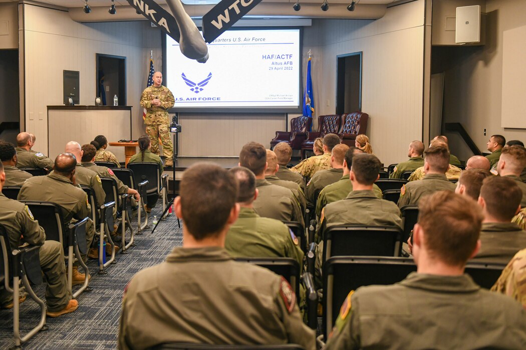U.S. Air Force Chief Master Sgt. Michael Arroyo, career enlisted aviator career field manager, briefs Airmen attending the 97th Air Mobility Wing’s 42nd Annual Boom Symposium at Altus Air Force Base, Oklahoma, April 29, 2022. Arroyo briefed Airmen on the current state of aircrew and where the aviation career fields are going 20-30 years from now. (U.S. Air Force photo by Airman 1st Class Trenton Jancze)