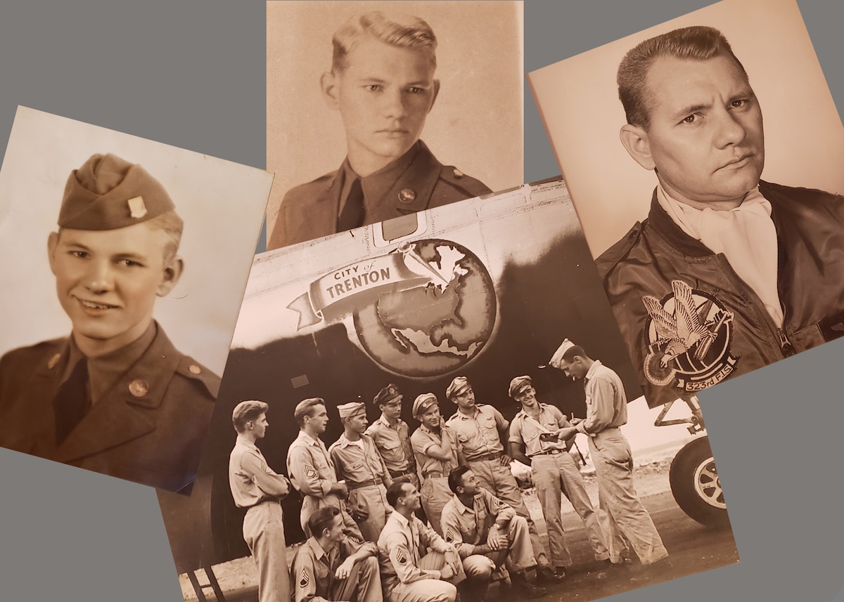 3 old photos of Adams at various times of his career and a group photo in front of an aircraft.