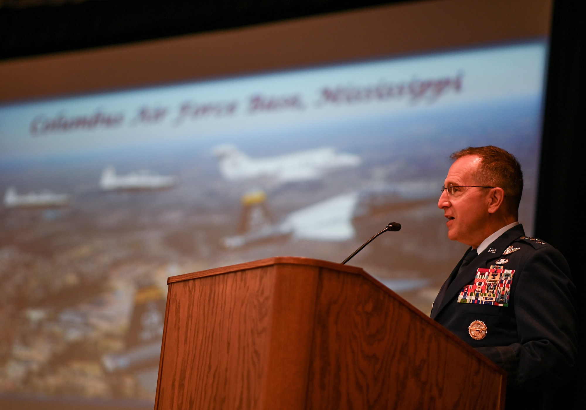 U.S. Air Force Lt. Gen. Jim Slife, commander of Air Force Special Operations Command, delivers a speech at the graduation ceremony of Undergraduate Pilot Training Class 22-09 on April 6, 2022, at Columbus Air Force Base, Miss. Slife was commissioned through the ROTC program at Auburn University and has spent the majority of his career in special operations aviation assignments, deploying extensively. (U.S. Air Force photo by Senior Airman Davis Donaldson)