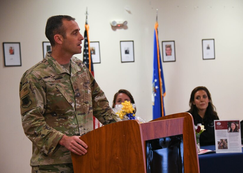 Col. Parkin Bryson, 316th Wing vice commander, greets the attendees at National Capital Region Military Spouse Appreciation Day, Joint Base Andrews, Md., May 6, 2022. The annual event acknowledges the sacrifices and contributions of military spouses. (U.S. Air Force photo by Airman 1st Class Isabelle Churchill)