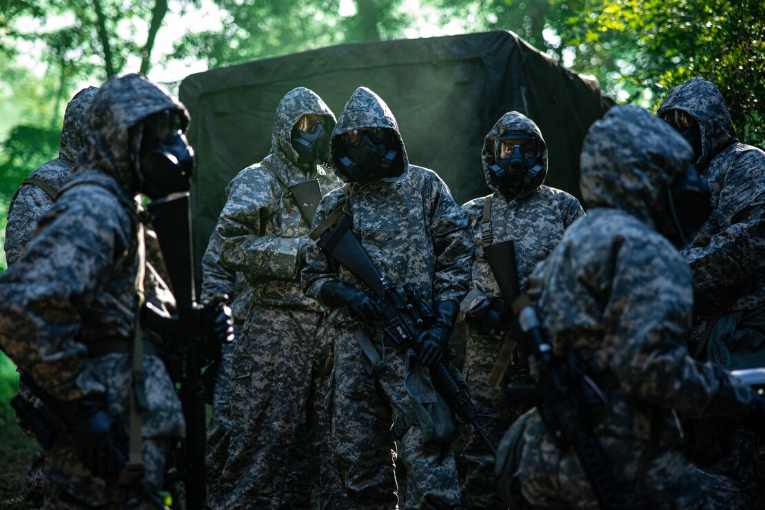 U.S. Marines with 2nd Landing Support Battalion, Combat Logistics Regiment 27, 2nd Marine Logistics Group, discuss a plan of action for decontaminating troops during Potomac Restore, a regimental exercise, at Camp Lejeune, North Carolina, May 7, 2022. This portion of Potomac Restore was utilized to enhance Marines’ and Sailors’ experience in recognizing and defending against simulated CBRN attacks.