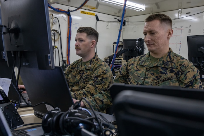 U.S. Marines with Marine Air Control Squadron 2, 2nd Marine Aircraft Wing, monitor data from a Ground/Air Task Oriented Radar system at Siauliai Air Base, Lithuania, April 26, 2022. 2nd MAW units are deployed to enhance NATO's capabilities in Eastern Europe at the invitation of the host nation.