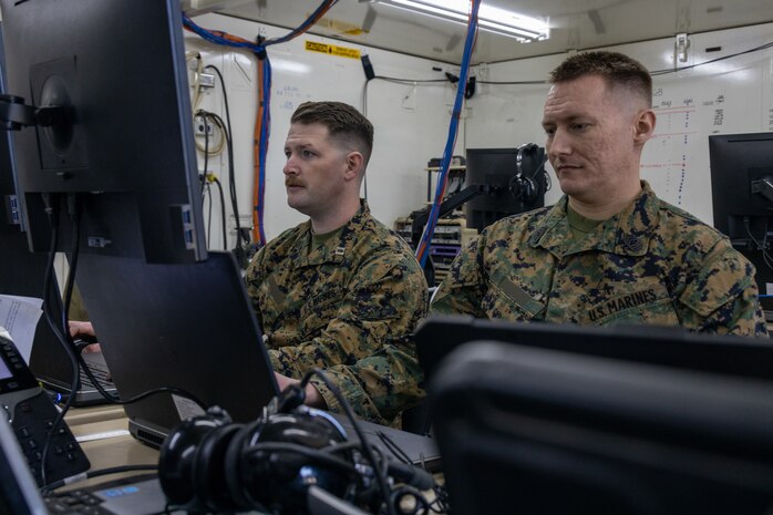 U.S. Marines with Marine Air Control Squadron 2, 2nd Marine Aircraft Wing, monitor data from a Ground/Air Task Oriented Radar system at Siauliai Air Base, Lithuania, April 26, 2022. 2nd MAW units are deployed to enhance NATO's capabilities in Eastern Europe at the invitation of the host nation.