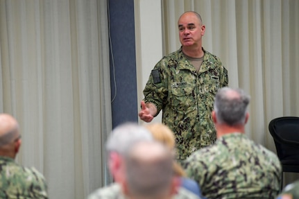 VIRGINIA BEACH, Va. (May 5, 2022) Rear Adm. Brendan McLane, commander, Naval Surface Force Atlantic (SURFLANT), speaks during SURFLANT�s annual leadership training symposium. Throughout the symposium, leaders presented briefs and answered questions regarding waterfront maintenance, personnel training, current threats, and investing in the future fleet. (U.S. Navy photo by Mass Communication Specialist 1st Class Jacob Milham/Released)