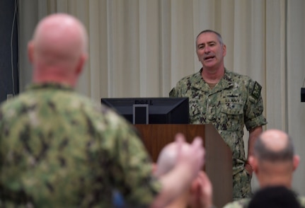 VIRGINIA BEACH, Va. (May 5, 2022) Vice Adm. Roy Kitchener, Commander, Naval Surface Force U.S. Pacific Fleet, answers a question during Naval Surface Force Atlantic�s annual leadership training symposium. Throughout the symposium, leaders presented briefs and answered questions regarding waterfront maintenance, personnel training, current threats, and investing in the future fleet. (U.S. Navy photo by Mass Communication Specialist 1st Class Jacob Milham/Released)