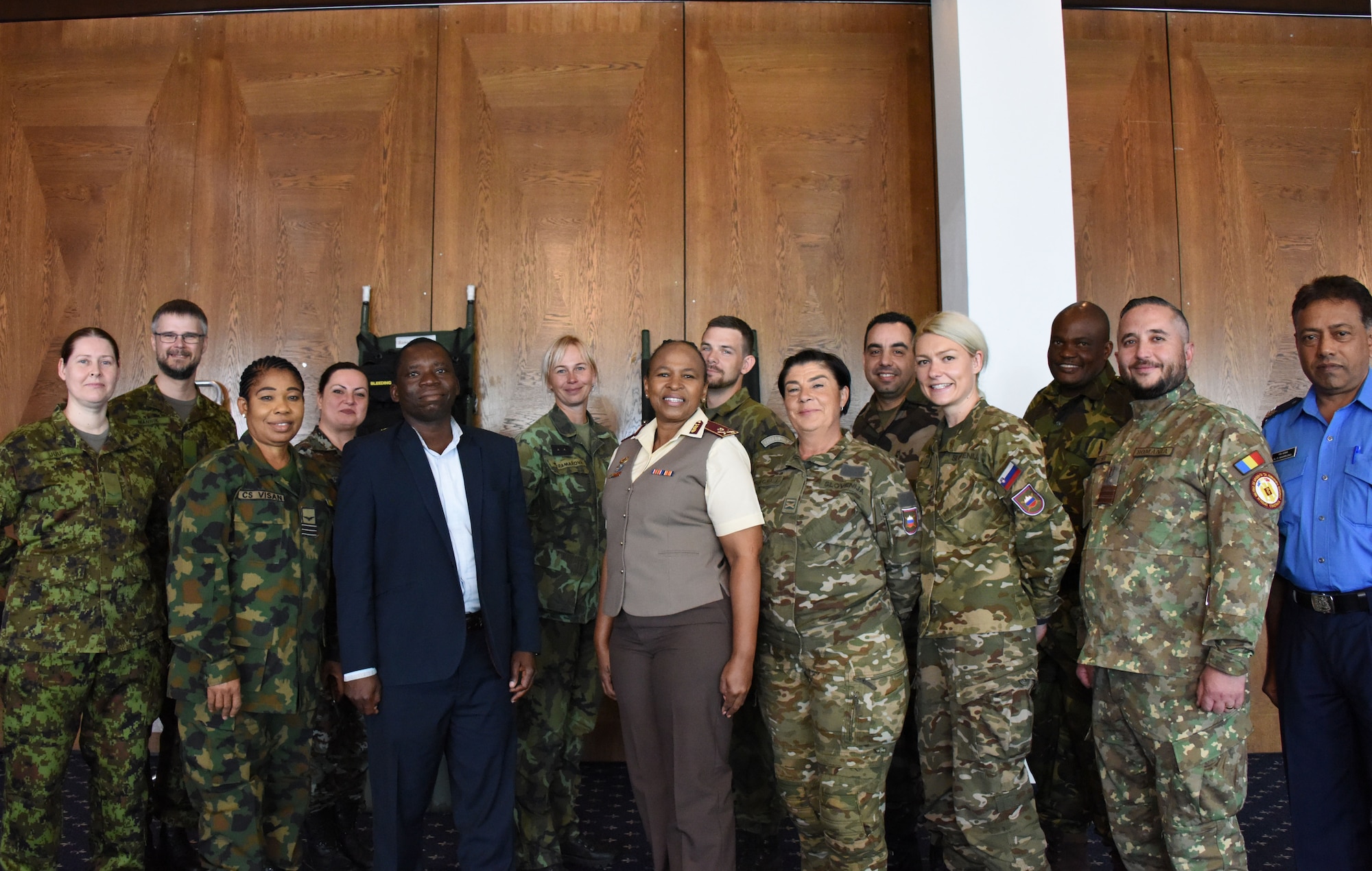 Delegates from Botswana, Czech Republic, Estonia, Germany, Mauritius, Morocco, Nigeria, North Macedonia, Romania, Slovenia, South Africa, and Tanzania pose for a picture during U.S. Air Forces in Europe - Air Forces Africa’s European-African Military Nursing Exchange conference at Ramstein Air Base, Germany, May 10, 2022.