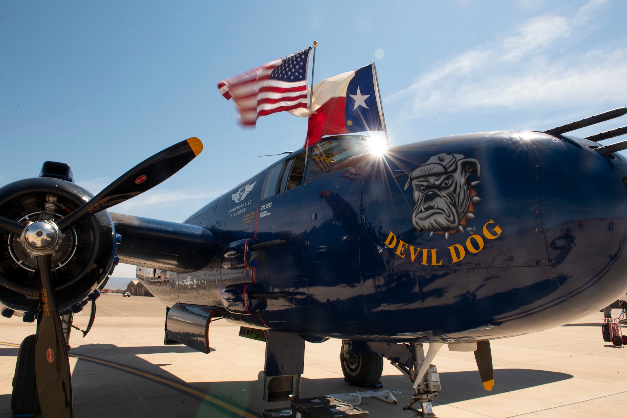 A B-25 Devil Dog from Georgetown, Texas, sits on the flight line May 6, 2022, on Holloman Air Force Base, New Mexico. The B-25 was named after Major General William “Billy” Mitchell one of the pioneers of military aviation and is one of the many displays scheduled for the 2022 Legacy of Liberty Air Show and Open House. (U.S. Air Force photo by Airman 1st Class Nicholas Paczkowski)
