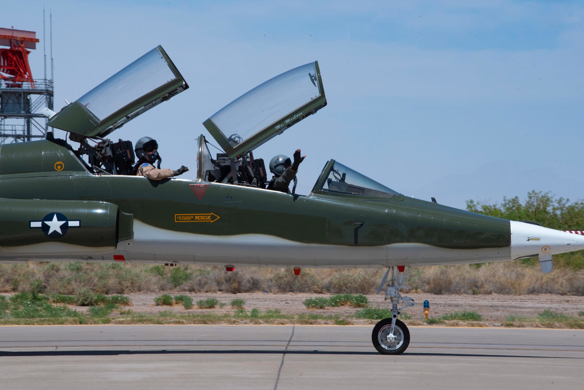 A T-38 Talon prepares to take off May 8, 2022, on Holloman Air Force Base, New Mexico. The T-38 was used in conjunction with the F-16 Viper during the 2022 Legacy of Liberty Air Show and Open House to show the capabilities of the F-16 in combat. (U.S. Air Force photo by Airman 1st Class Nicholas Paczkowski)