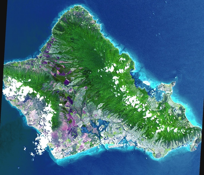 This 60 by 55 km ASTER scene shows almost the entire island of Oahu, Hawaii on June 3, 2000.