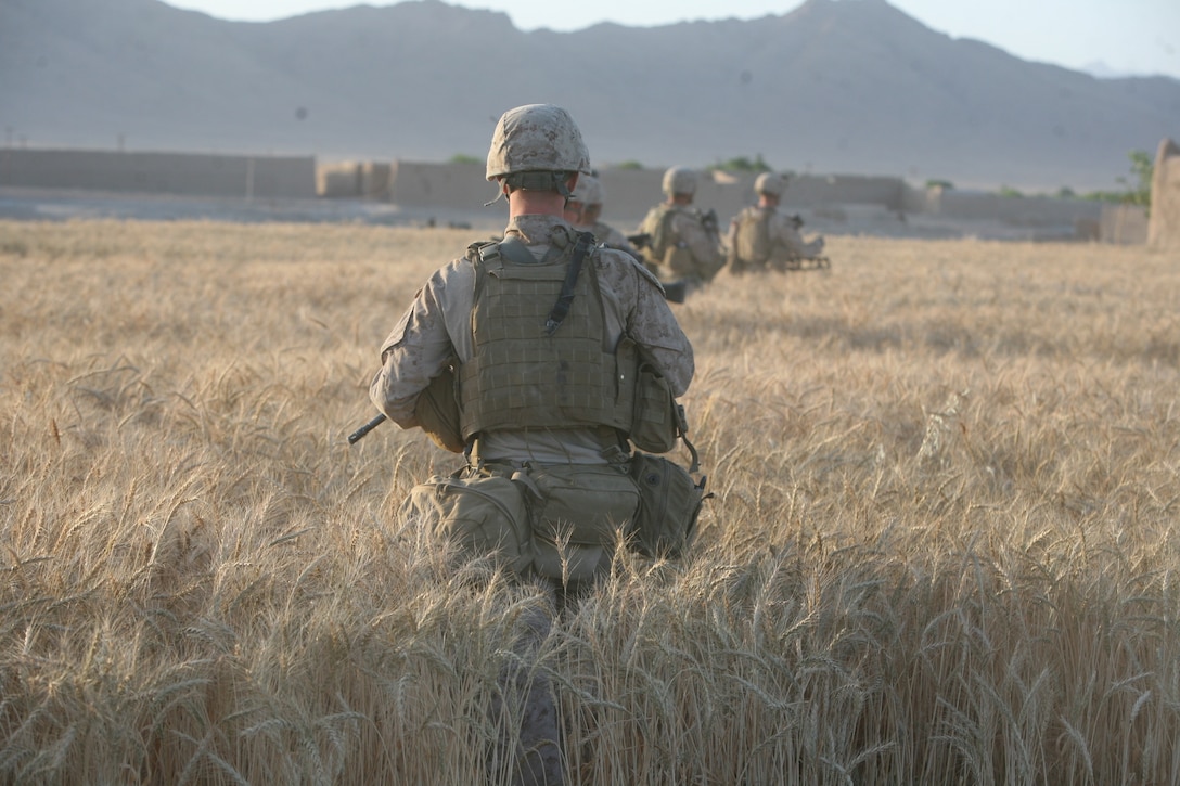 U.S. Marines with Golf Company, 2nd Battalion, 5th Marine Regiment, Regimental Combat Team 6 conduct a patrol in Zamindawar, Helmand province, Afghanistan, May 26, 2012. Marines conducted the patrol to disrupt enemy movement in the local area. (U.S. Marine Corps photo by Cpl. Christopher M. Paulton)
