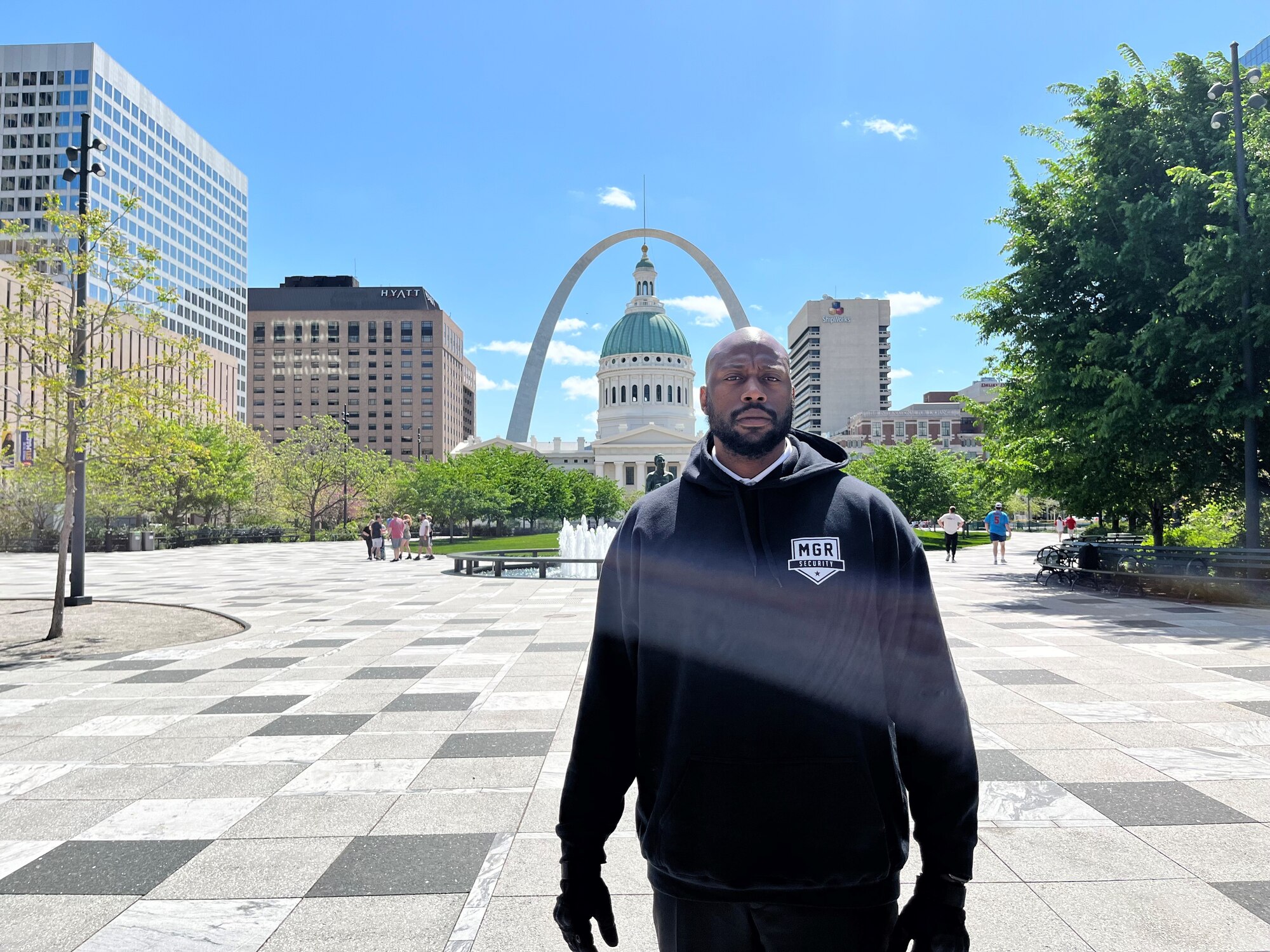 Staff Sgt. Jeremy Reynolds, an enlisted accessions recruiter based in Marion, Illinois, with the 345th Recruiting Squadron poses for a photo in St. Louis.