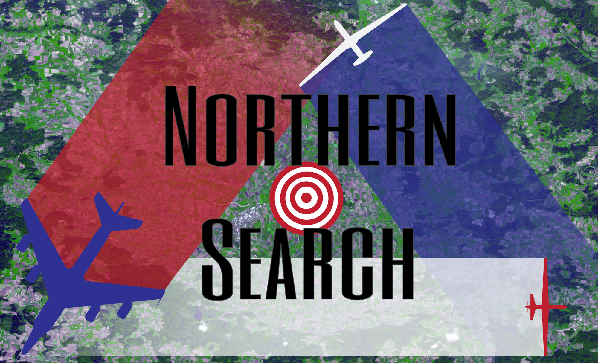 A graphic of 3 aircrafts flying over a map in a triangle with 'Norther Search' and a target in the center.