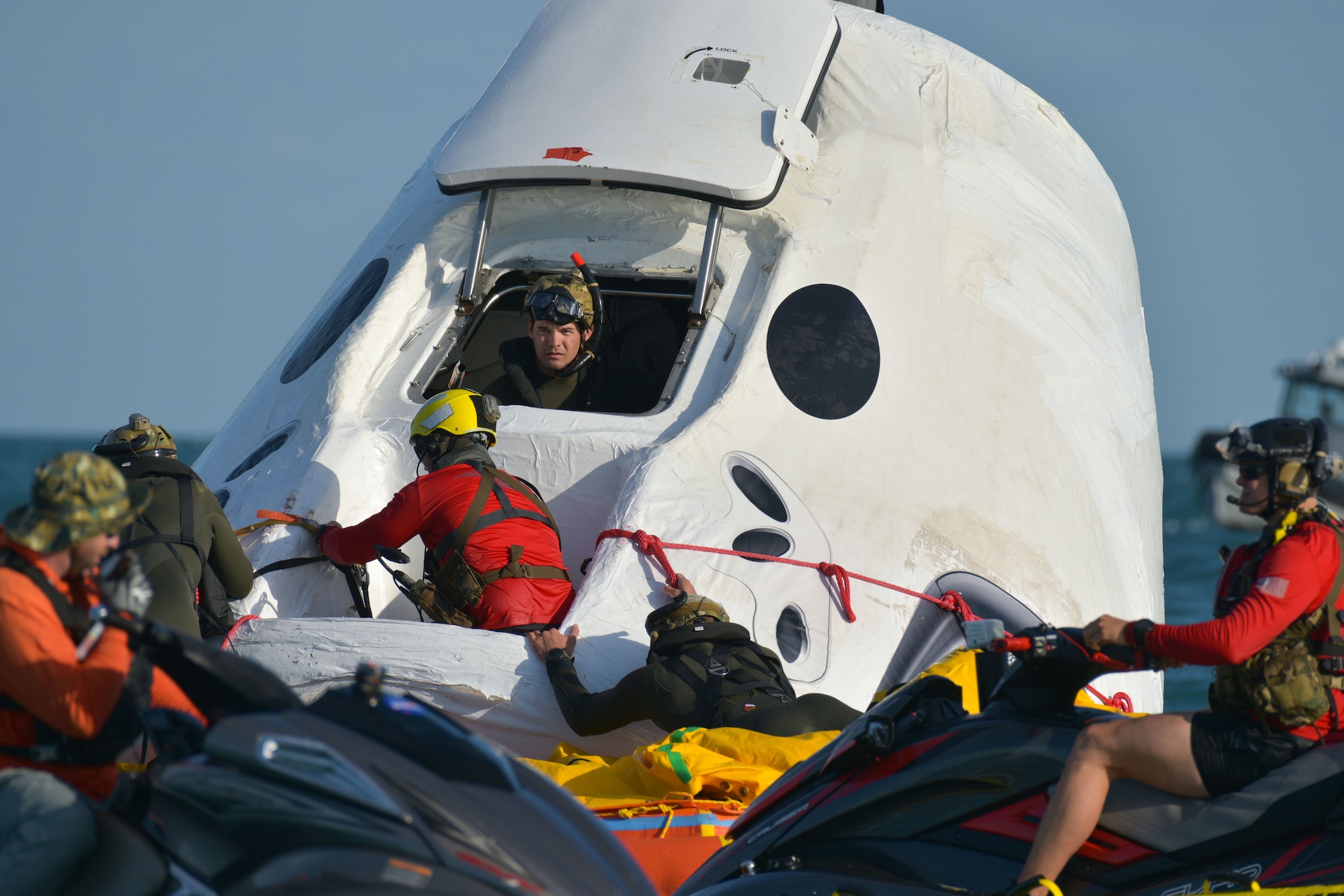 Pararescuemen from various units around the country arrived at Patrick Air Force Base, Fla., May 6, 2020, working with 45th Operations Group, Detachment 3 personnel and mission partners in the weeks leading up to the return to human spaceflight. Exercises took place at Cape Canaveral Air Force Station and off the coast of CCAFS, working on tactics and procedures for astronaut rescue and recovery operations. (U.S. Space Force photo by Senior Airman Dalton Williams)