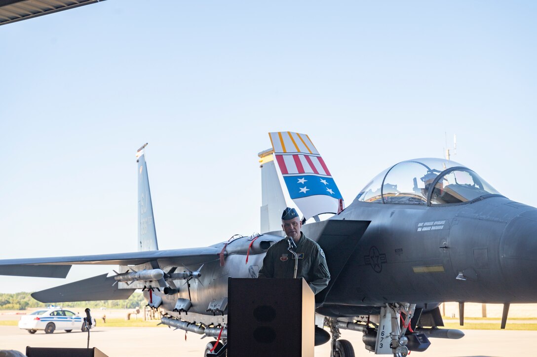 Maj. Gen. Michael G. Koscheski, Fifteenth Air Force commander, speaks during the 4th Fighter Wing Change of Command ceremony at Seymour Johnson Air Force Base, North Carolina, May 11, 2022. The Change of Command ceremony is a military tradition that represents a formal transfer of authority and responsibility of a unit from one commanding officer to another. (U.S. Air Force photo by Senior Airman Kimberly Barrera)