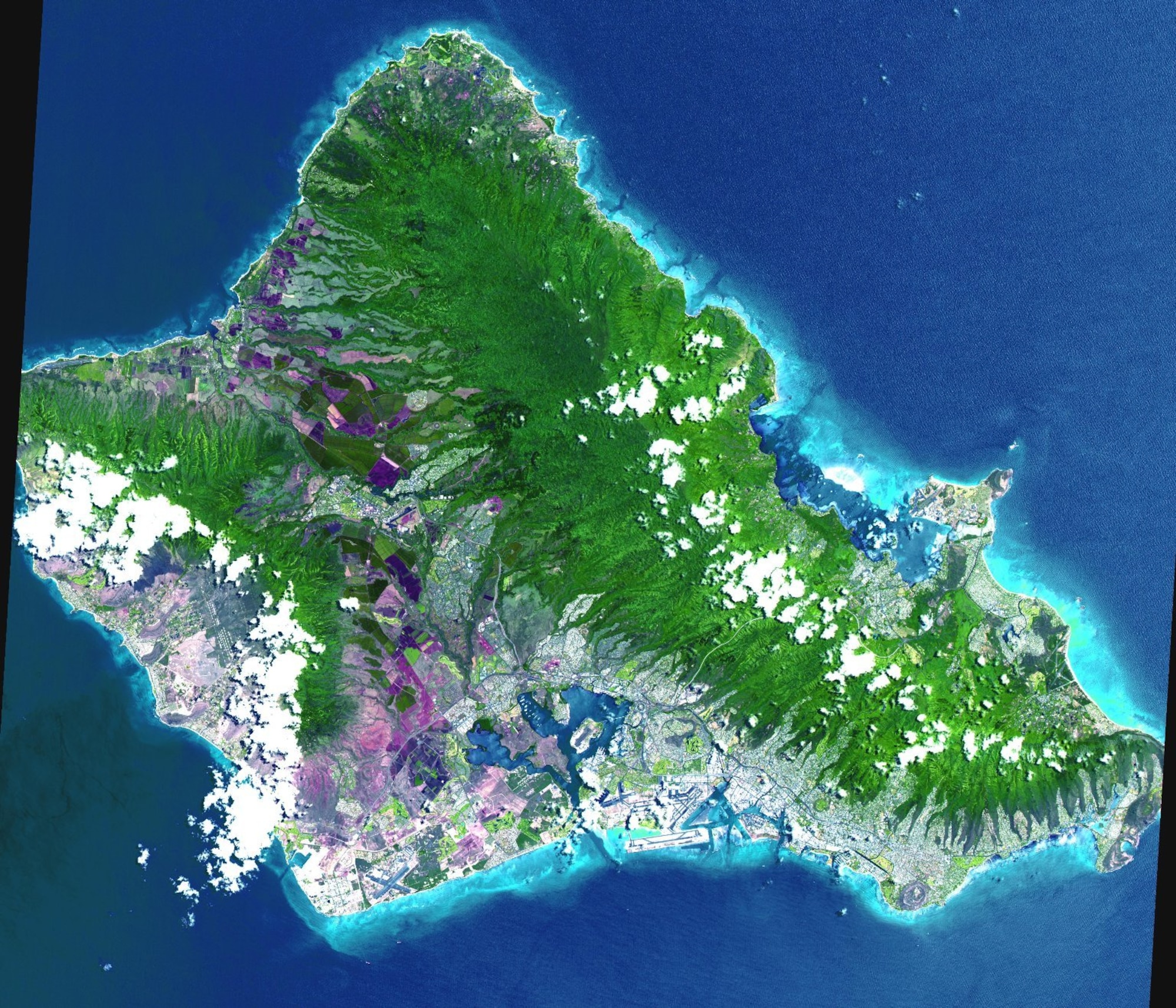 This 60 by 55 km ASTER scene shows almost the entire island of Oahu, Hawaii on June 3, 2000.