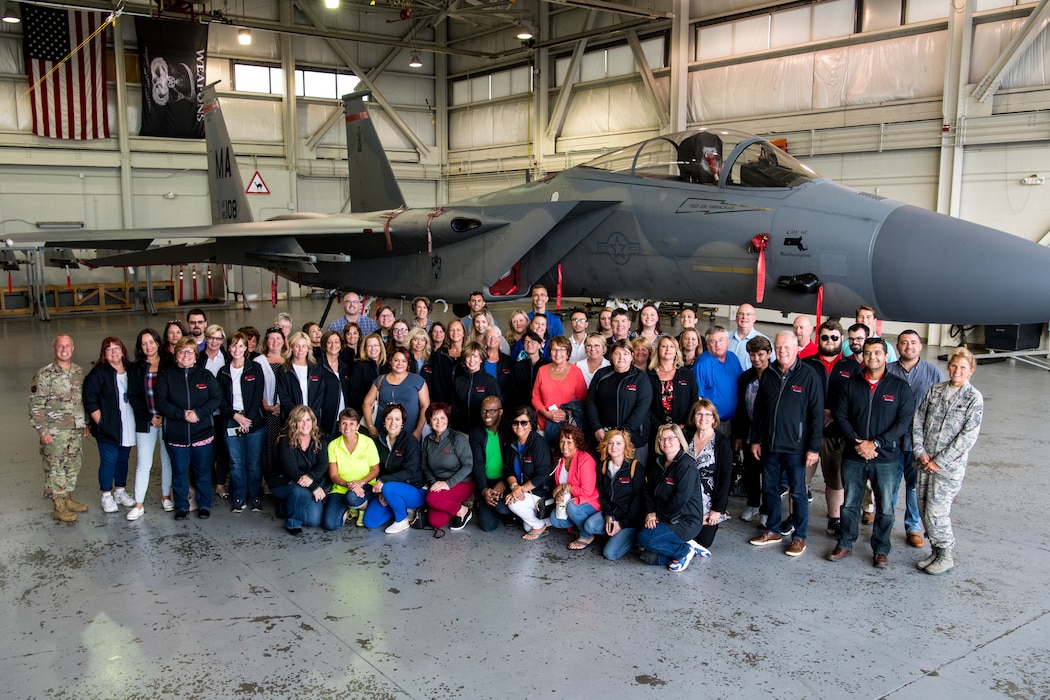 Polish National Credit Union employees tour the 104th Fighter Wing with Col. Peter T. Green III, 104FW commander, and Chief Master Sgt. Maryanne Walts, 104FW command chief, Sept. 5, 2019, at Barnes Air National Guard Base, Massachusetts. The tour program cultivates strong relationships between the 104FW and the local community. (U.S. Air National Guard photo by Senior Airman Randy Burlingame)