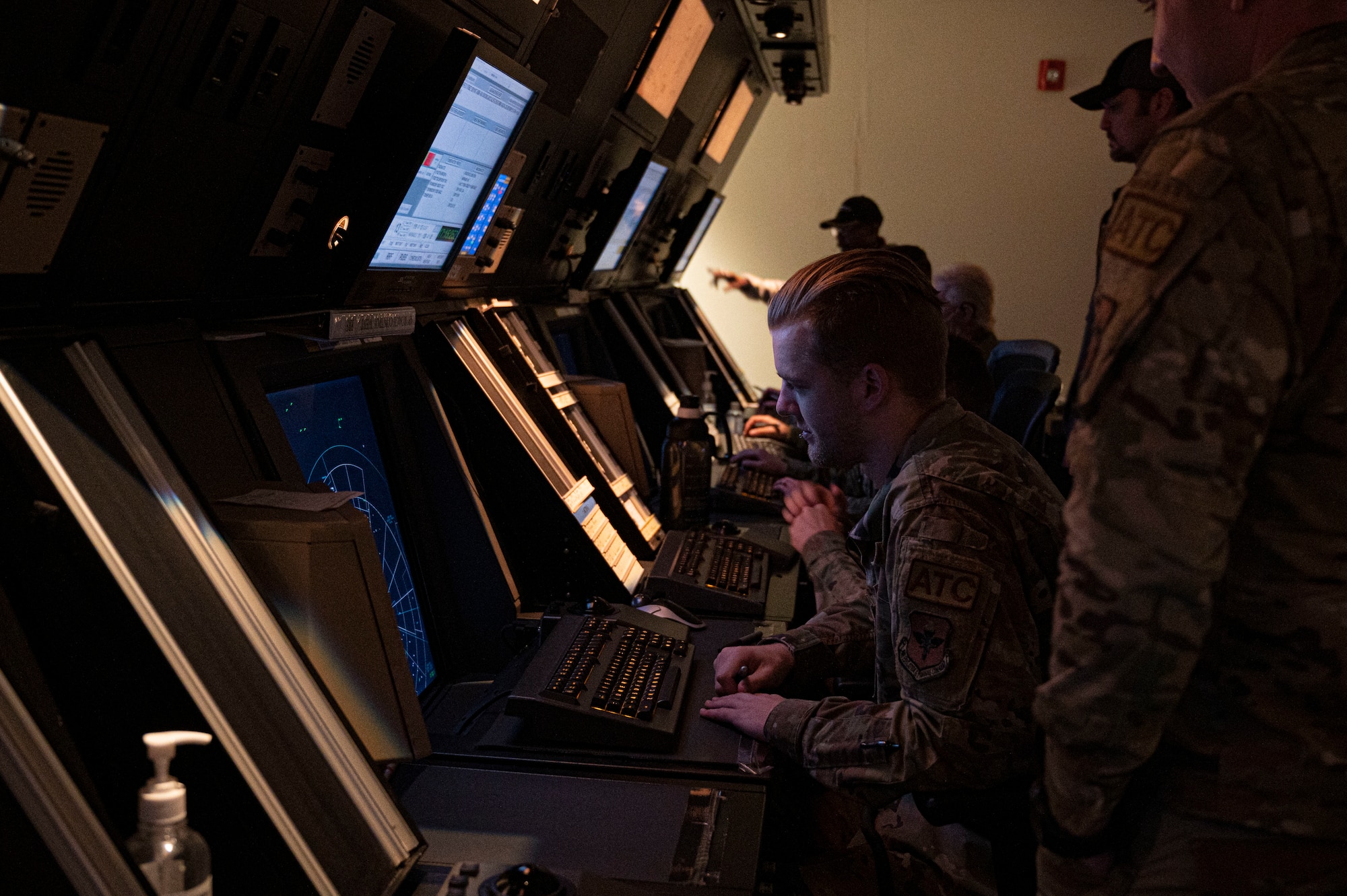 U.S. Air Force Airman 1st Class Christopher Morley, 47th Operations Support Squadron air traffic controller, trains using an air traffic control simulator at Laughlin Air Force Base, Texas, May 4, 2022. The simulator allows Airmen to train for day-to-day air traffic scenarios without the stress of real-world situations. (U.S. Air Force photo by Airman 1st Class Kailee Reynolds)