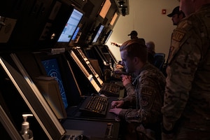 U.S. Air Force Airman 1st Class Christopher Morley, 47th Operations Support Squadron air traffic controller, trains using an air traffic control simulator at Laughlin Air Force Base, Texas, May 4, 2022. The simulator allows Airmen to train for day-to-day air traffic scenarios without the stress of real-world situations. (U.S. Air Force photo by Airman 1st Class Kailee Reynolds)