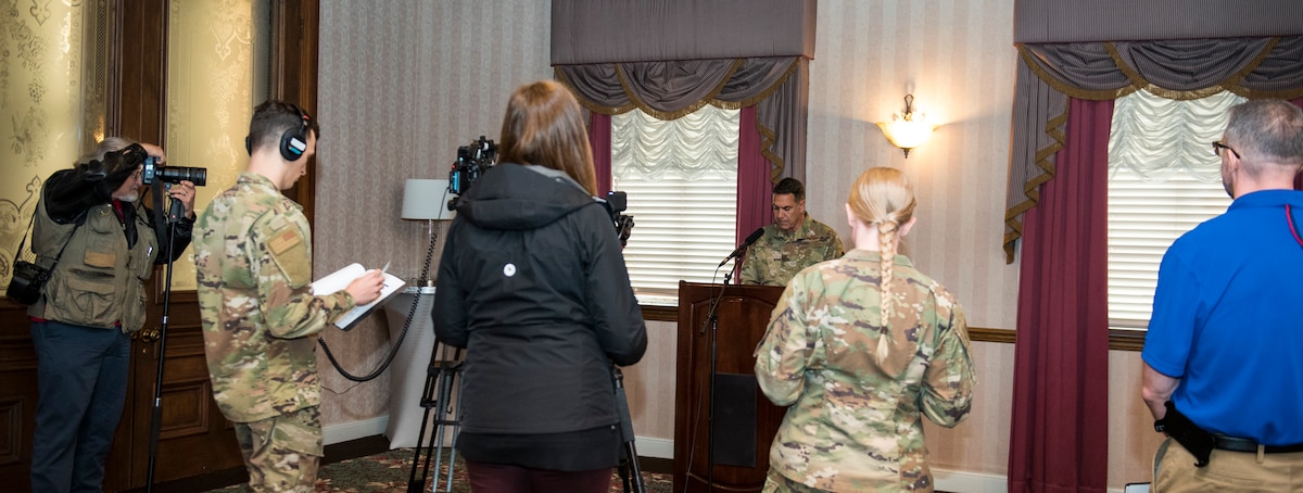 Col. Raymond Smith, Jr., 445th Airlift Wing commander, responds to questions during a mock press conference, May 5, 2022, at Wright-Patterson Air Force Base, Ohio.