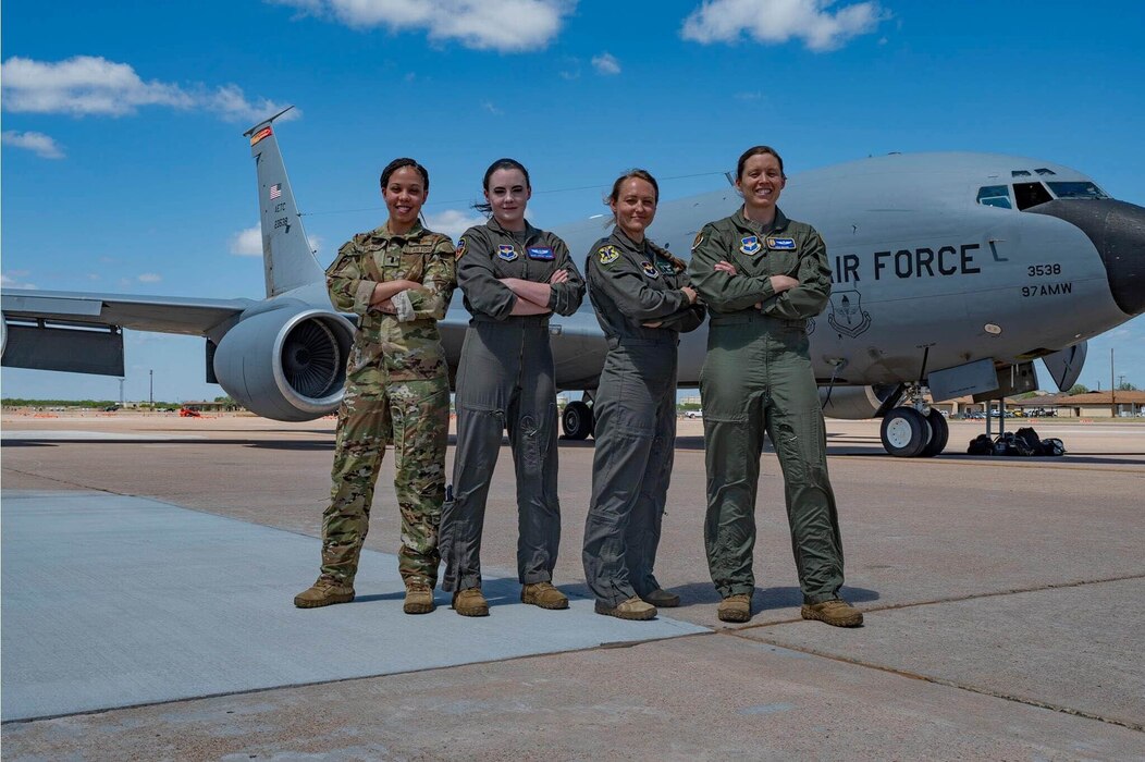 An all-female KC-135 Stratotanker aircrew from Altus Air Force Base (AAFB), Oklahoma, poses for a photo at Dyess Air Force Base (AFB), Texas, April 28, 2022. The aircrew flew a KC-135 from AAFB to Dyess AFB for a Women’s Summit that featured several aircraft and groups. (Courtesy photo)