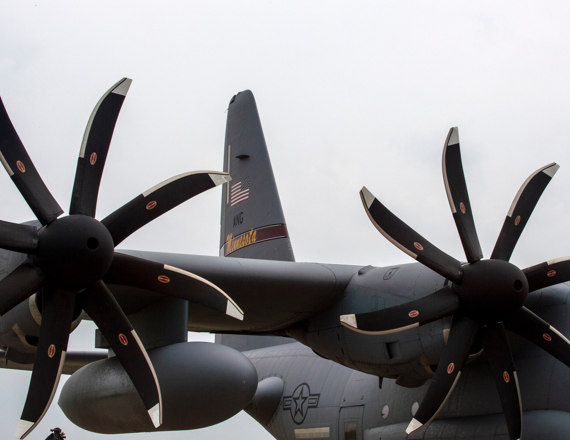A C-130 Hercules from the 133rd Airlift Wing is parked on the flight line in St. Paul, Minn., May 11, 2022.
