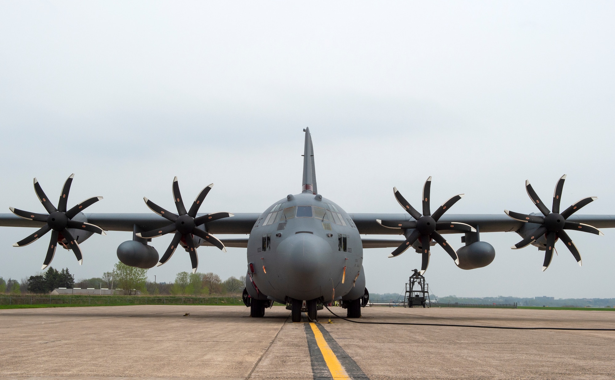 A C-130 Hercules from the 133rd Airlift Wing is parked on the flight line in St. Paul, Minn., May 11, 2022.