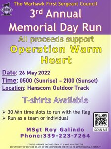graphic created by the Hanscom First Sergeant Council, Warhawk First Sergeant Council, advertising the third annual Memorial Day Run, Memorial Day Flag Run