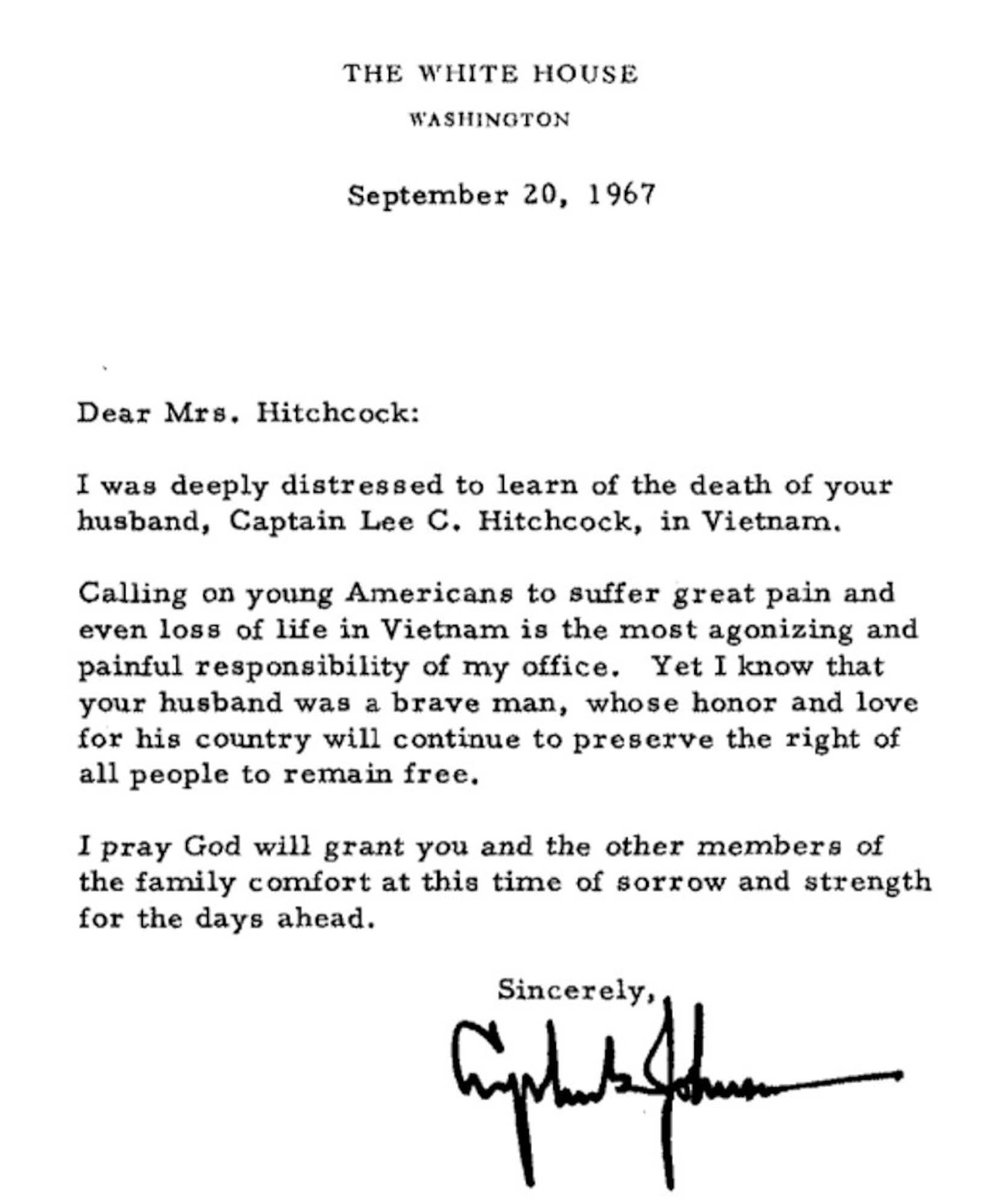 This is the condolence letter from President Lyndon B. Johnson to Lee Hitchcock’s widow. (U.S. Air Force photo)