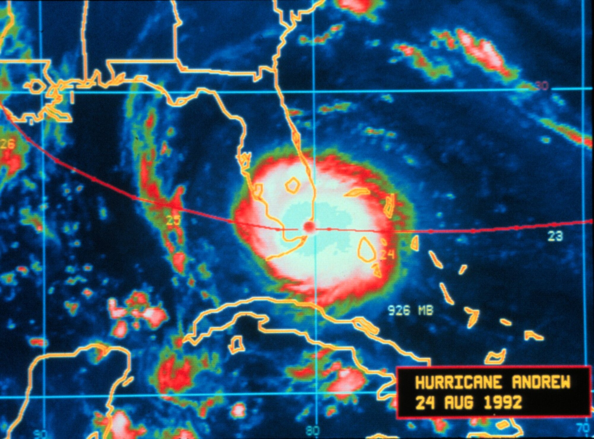 Hurricane Andrew over Homestead Air Force Base on August 24, 1992. (Photo courtesy of NOAA)