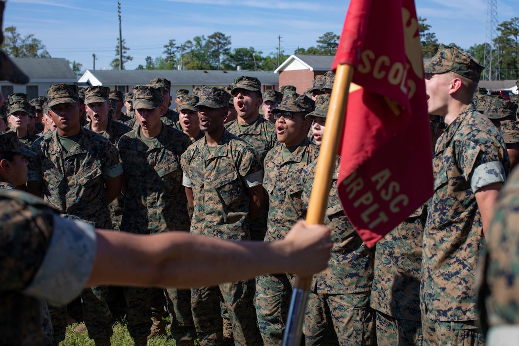 Lt. Col. Jeremy Nelson and 1st Sgt. Byron Pelaez conducting a Special Liberty Safety Brief prior to the Easter Holiday for the Entry Level student of Personnel Administration School, Marine Corps Combat Service Support Schools, Camp Johnson, North Carolina.