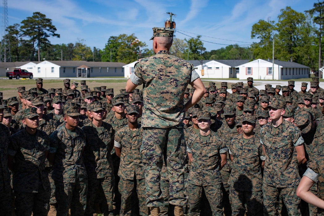 Lt. Col. Jeremy Nelson and 1st Sgt. Byron Pelaez conducting a Special Liberty Safety Brief prior to the Easter Holiday for the Entry Level student of Personnel Administration School, Marine Corps Combat Service Support Schools, Camp Johnson, North Carolina.