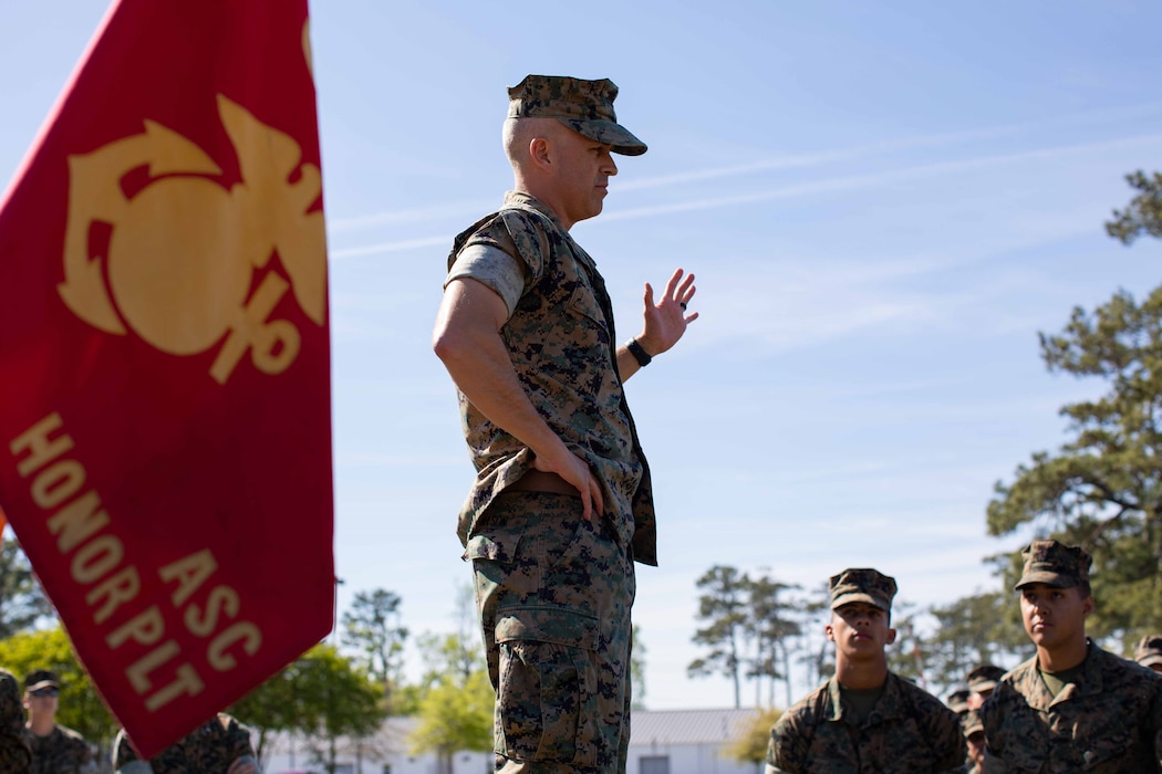 Lt. Col. Jeremy Nelson and 1st Sgt. Byron Pelaez conducting a Special Liberty Safety Brief prior to the Easter Holiday for the Entry Level student of Personnel Administration School, Marine Corps Combat Service Support Schools, Camp Johnson, North Carolina.