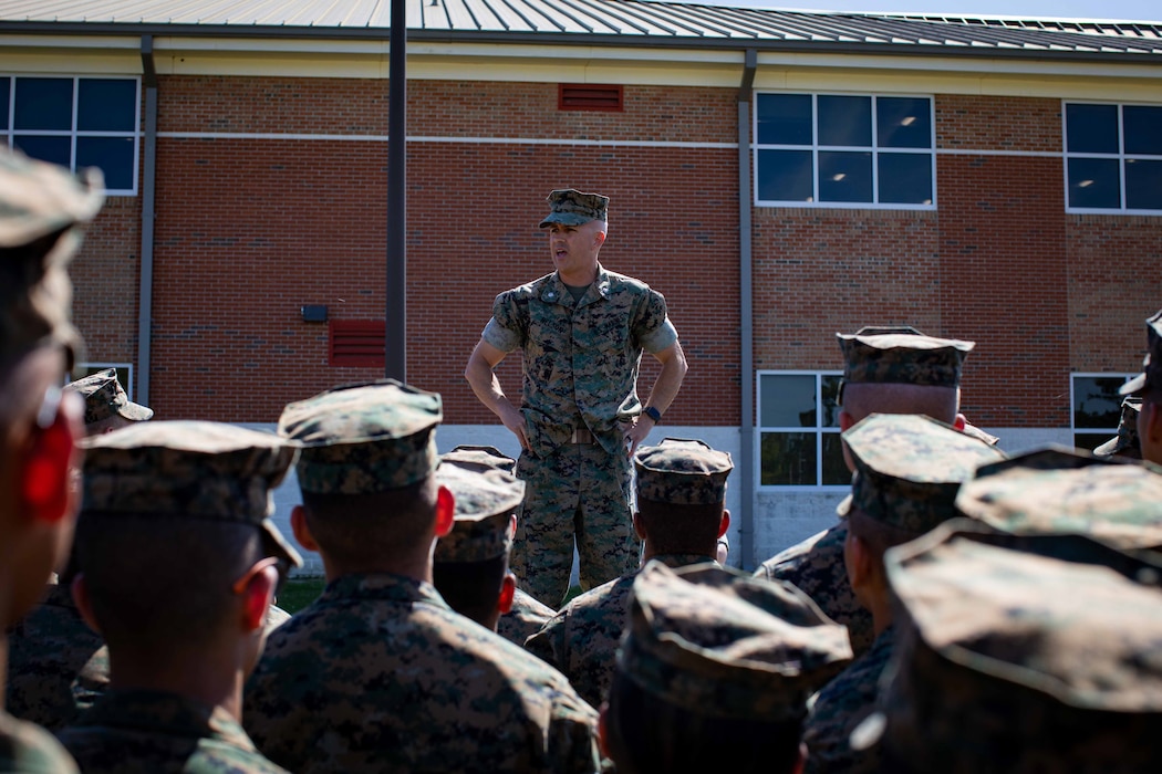 Lt. Col. Jeremy Nelson and 1st Sgt. Byron Pelaez conducting a Special Liberty Safety Brief prior to the Easter Holiday for the Entry Level student of Personnel Administration School, Marine Corps Combat Service Support Schools, Camp Johnson, North Carolina.