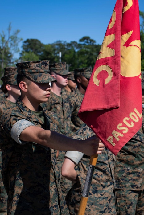 Lt. Col. Jeremy Nelson and 1st Sgt. Byron Pelaez conducting a Special Liberty Safety Brief prior to the Easter Holiday for the Entry Level student of Personnel Administration School, Marine Corps Combat Service Support Schools, Camp Johnson, North Carolina.