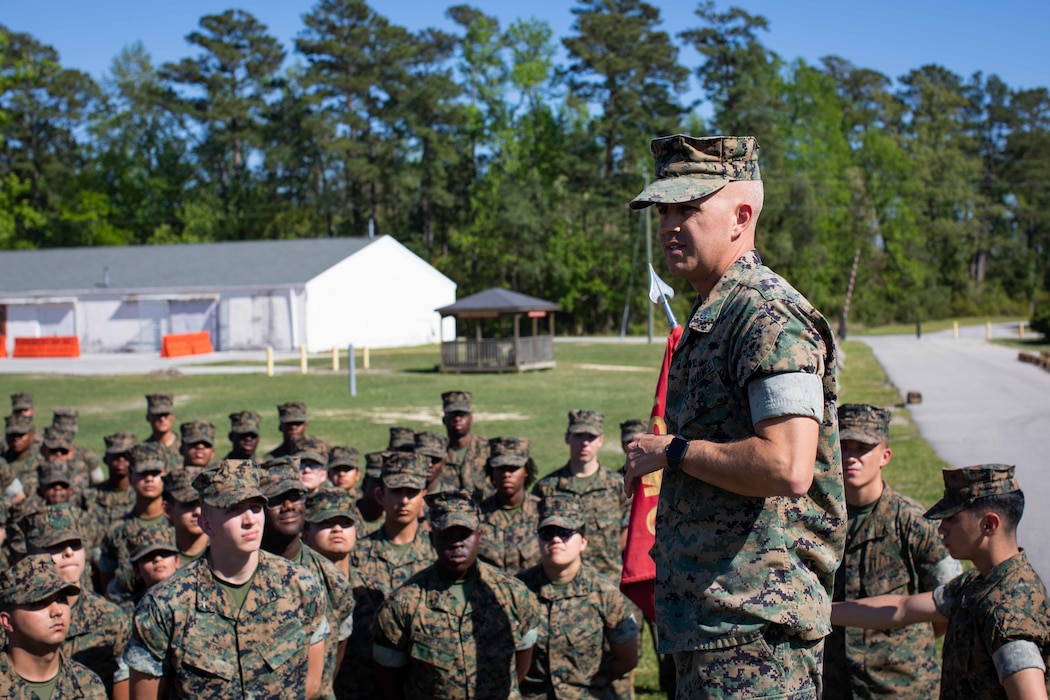 Lt. Col. Jeremy Nelson and 1st Sgt. Byron Pelaez conducting a Special Liberty Safety Brief prior to the Easter Holiday for the Entry Level student of Personnel Administration School, Marine Corps Combat Service Support Schools, Camp Johnson, North Carolina.