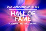 White text on a swirly background. 2022 DLA Land and Maritime Hall of Fame.