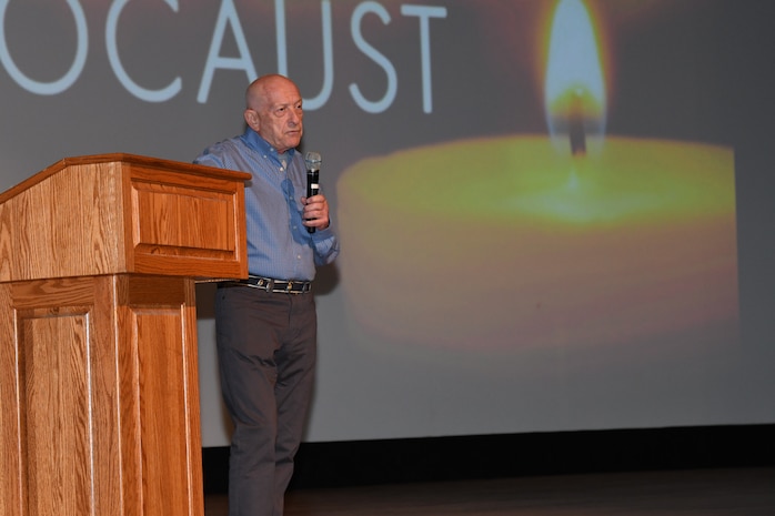 Joseph Rotstein, Jewish Federation of Charleston member, gave a presentation to honor the survivors as well as the victims of the Holocaust at the base theater on Joint Base Charleston, S.C. May 2, 2022.