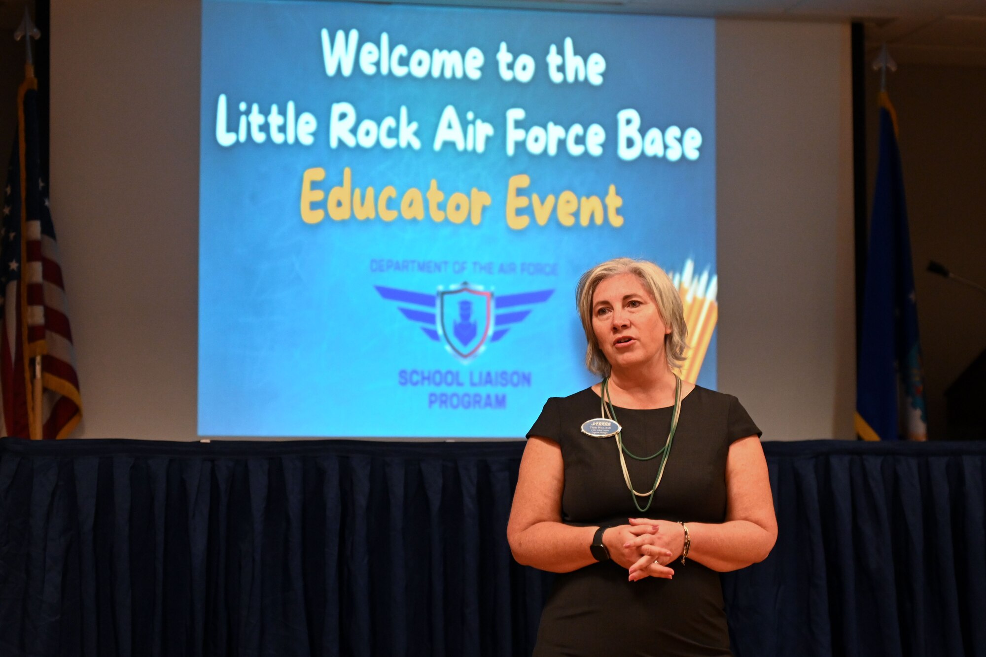 Terri Williams, Little Rock AFB School Liaison Program Manager, gives opening remarks during an educator event