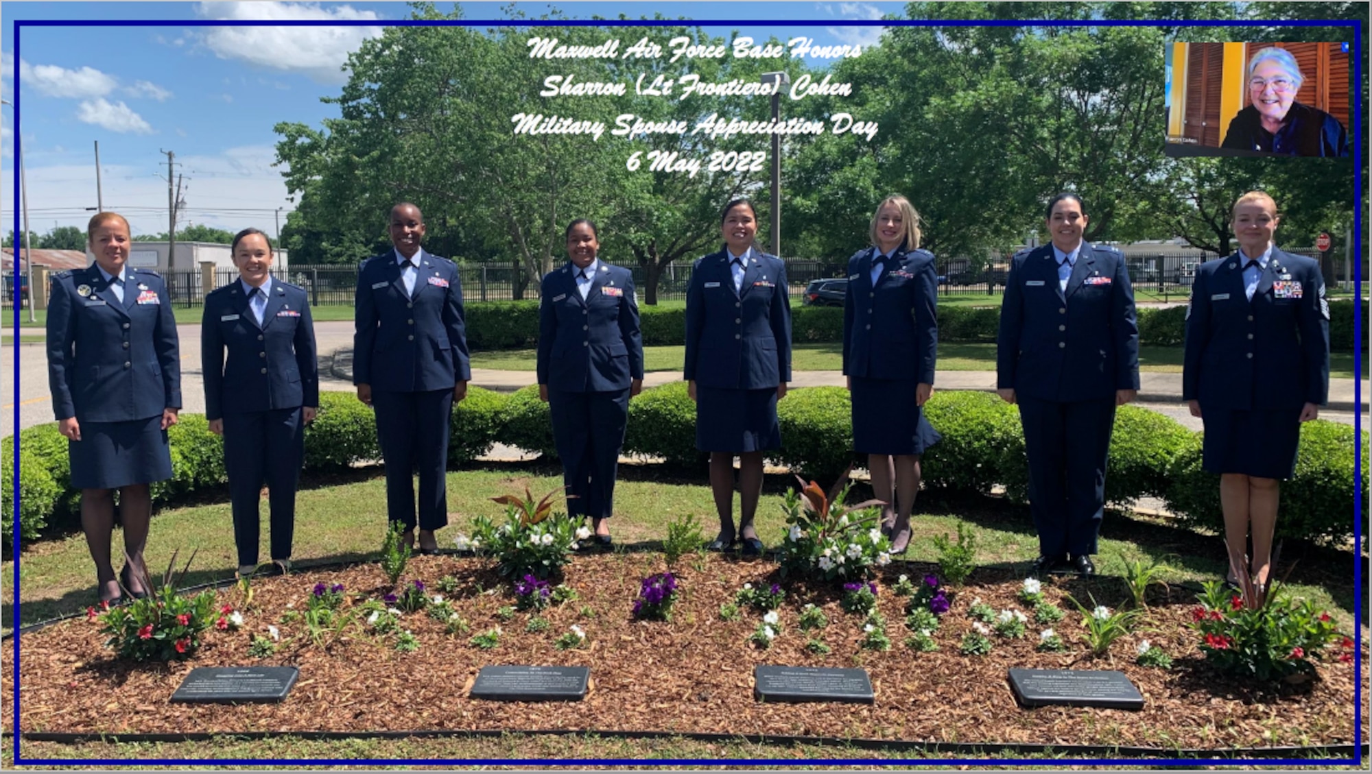 Maxwell AFB-  Maxwell Air Force Base Airmen honored Mrs. Sharron Cohen, formally Lt. Sharron Frontiero, for her role in securing equal spousal benefits and pay throughout the Department of Defense May 6, 2022. (Courtesy graphic)