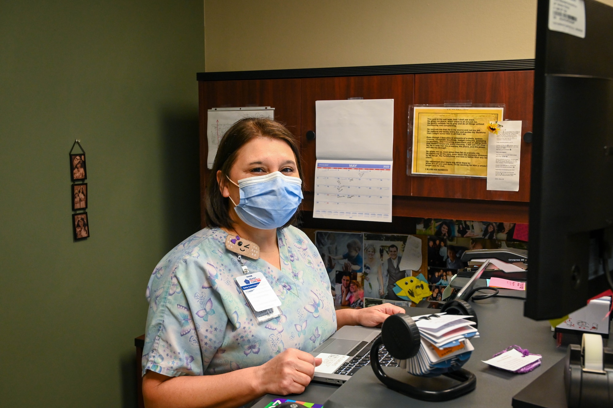 Gloria Grayson, 97th Healthcare Operations Squadron privacy officer, poses for a photo at Altus Air Force Base, Oklahoma, May 9, 2022. Grayson has been in the medical field since 1986 and said her favorite part of her job is patient care because she thinks of how she would want someone to take care of her loved ones. (U.S. Air Force photo Senior Airman Kayla Christenson)