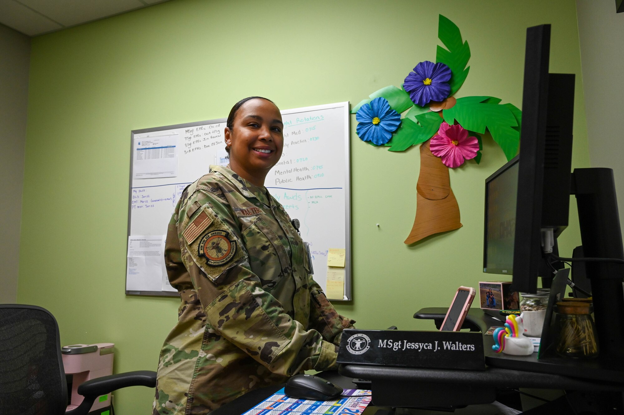 U.S. Air Force Master Sgt. Jessyca Walters, 97th Operational Medical Readiness Squadron senior enlisted leader, poses for a photo at Altus Air Force Base, Oklahoma, May 9, 2022.  Walters said it is very important to her to ensure that all of her nurses and medical technicians are more than well trained for the job that the Air Force is asking them to do. (U.S. Air Force photo Senior Airman Kayla Christenson)