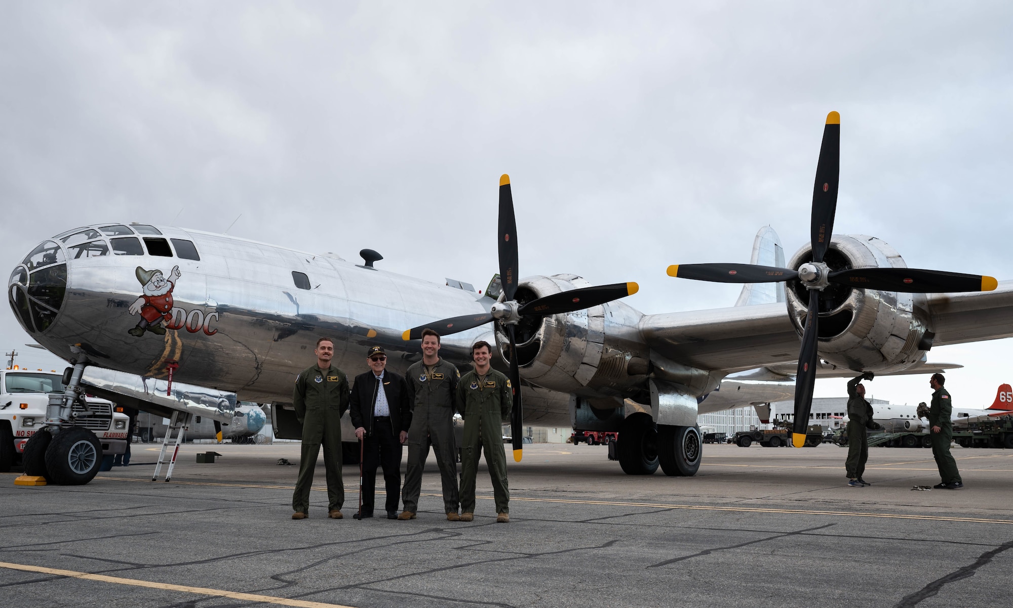 Norris Jernigan, a veteran of the 509th Composite Group, poses with pilots assigned to 393rd Bomb Squadron during a heritage event at historic Wendover Airfield, Utah, May 9, 2022. Jernigan served as an intelligence clerk at Wendover Air Force Base during World War II under the 393rd squadron. The 509th Composite Group, comprising of four subsequent squadrons- including the 393rd squadron, was stood up in 1944, as the weapons delivery section under the Manhattan Project.