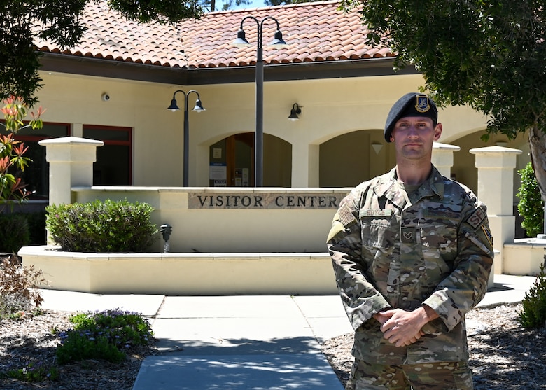 SrA William Boyce, 30th Security Forces Squadron Combat Arms Instructor, poses for a photo outside of the Visitor Center at Vandenberg Space Force Base, Calif., April 14, 2022. (U.S. Space Force photo by Airman 1st Class Tiarra Sibley)